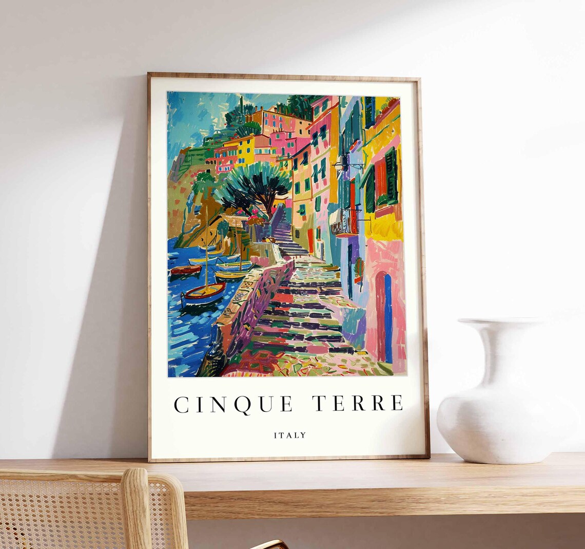 Cinque Terre Harbor Steps Colorful Street Boats Fauvist Travel Poster