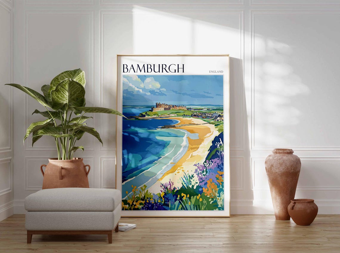 Bamburgh England Castle Coast Beach View With Wildflowers Poster - Image 3
