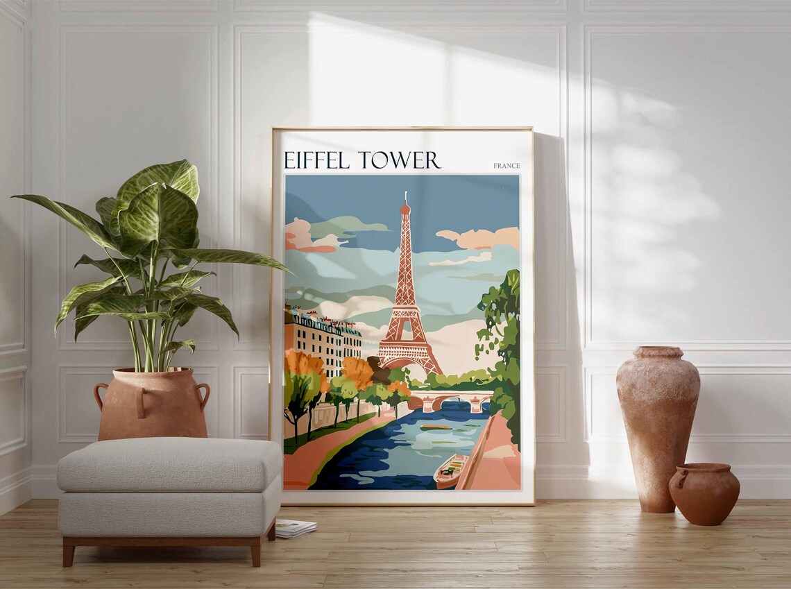 Eiffel Tower France Travel Poster Seine River Pastel Painting View - Image 2