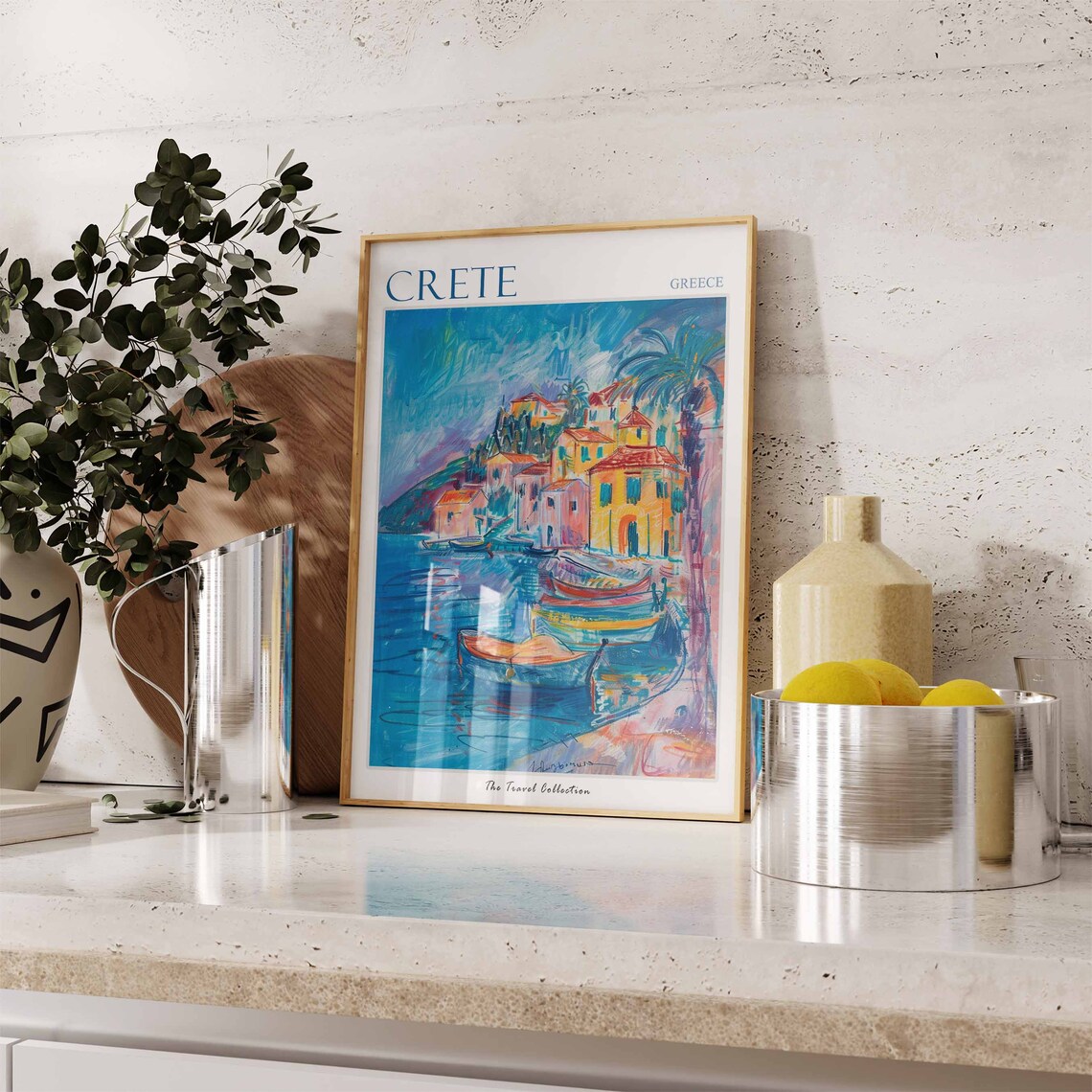 Crete Greece Colorful Harbor Village Boats Watercolor Travel Poster - Image 2
