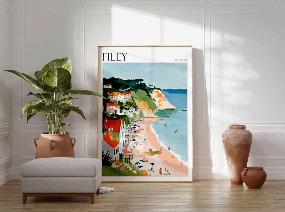 Filey England Beach Town Red Roofs Cliffs Parasols Painting Poster - Image 3