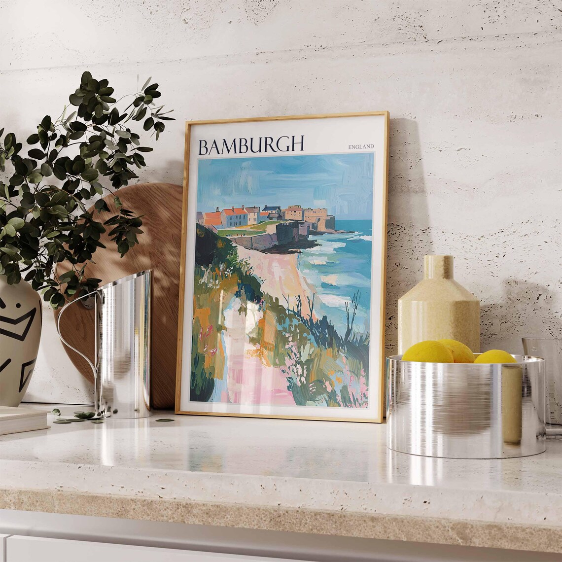 Bamburgh Village and Castle Clifftop Cottages Northumberland Coast Poster - Image 2