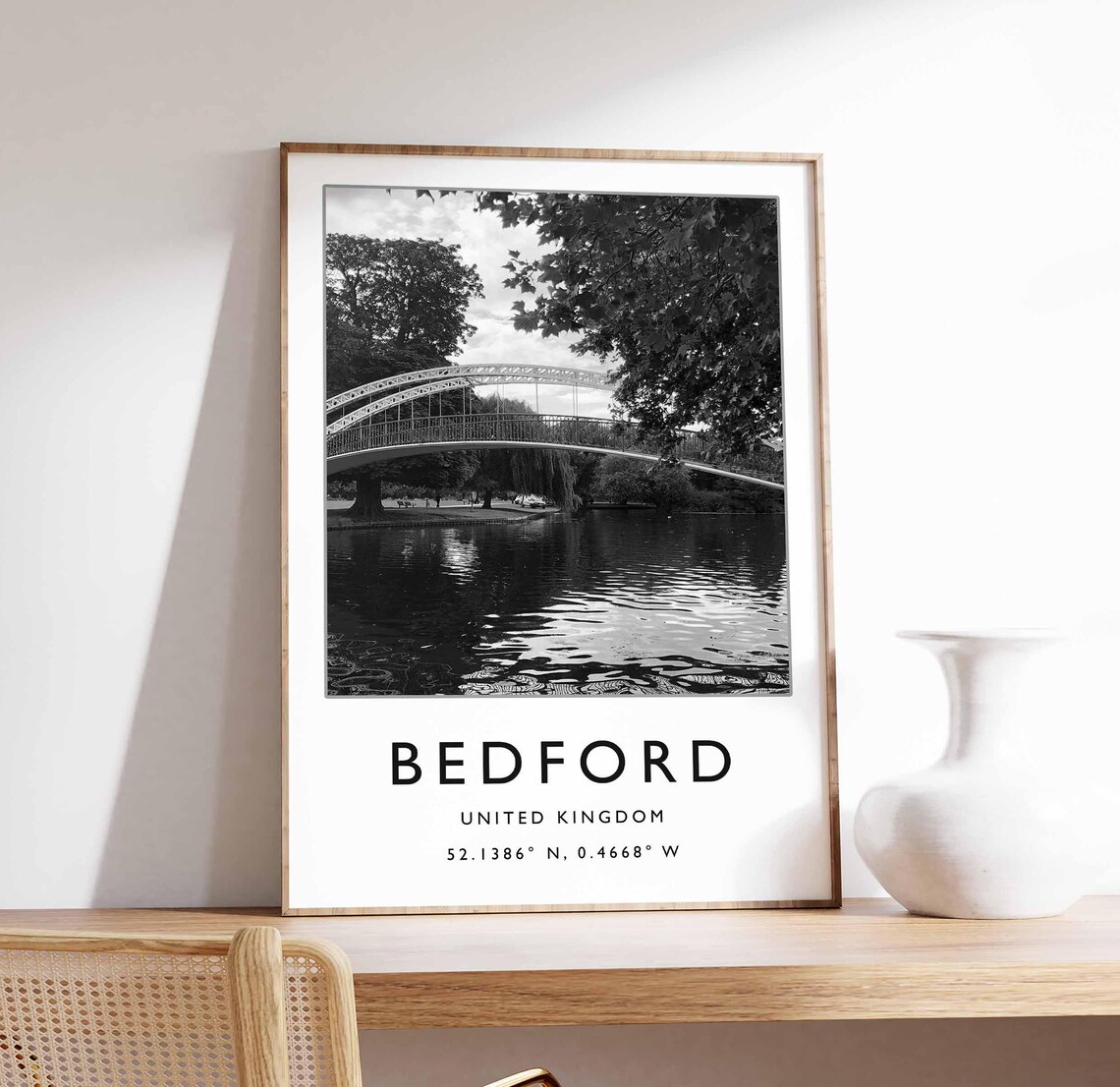 Bedford United Kingdom Black and White Arched Bridge Photo Poster