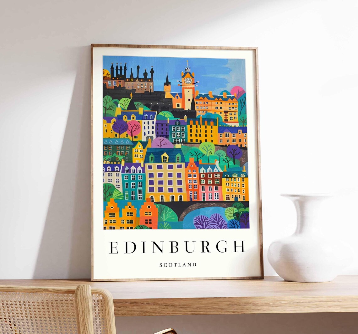 Edinburgh Clock Tower Colorful Buildings City Skyline Travel Poster