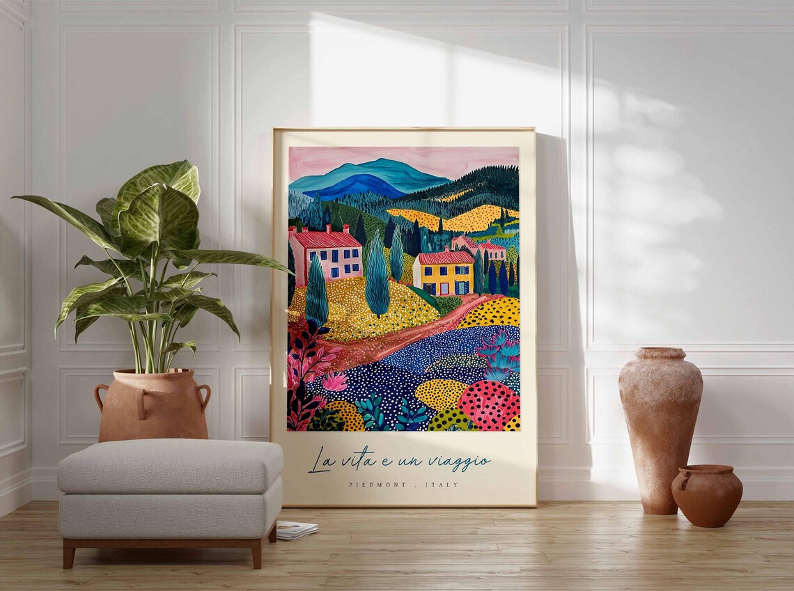 Piedmont Italy Dotted Mountain Village Artwork Travel Poster - Image 3