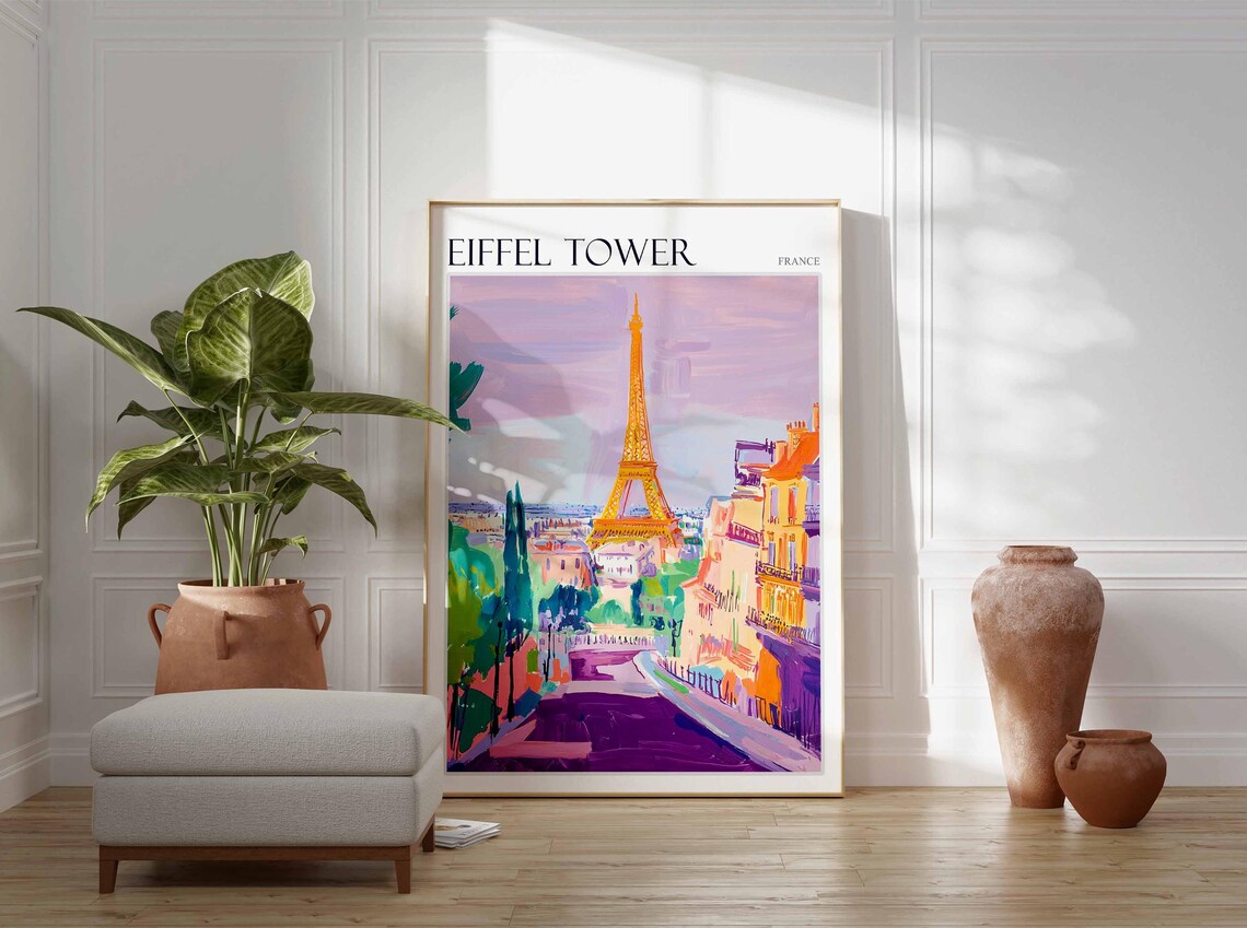 Eiffel Tower France Travel Poster Violet Pink Cityscape Painting View - Image 2