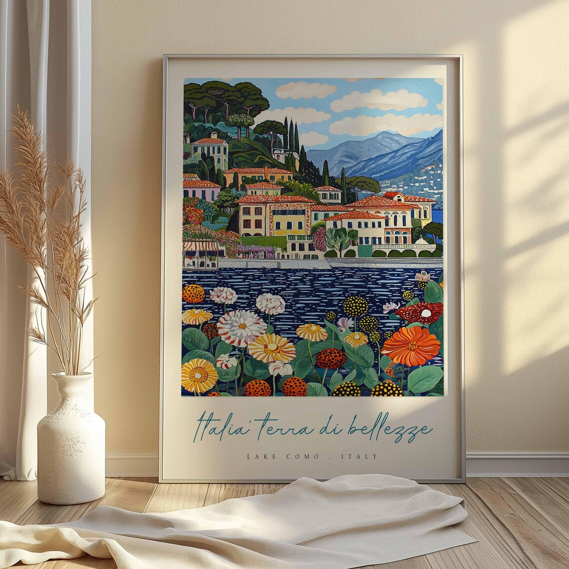Lake Como Italy Summer Villa Town Giant Zinnia Flowers Poster - Image 2