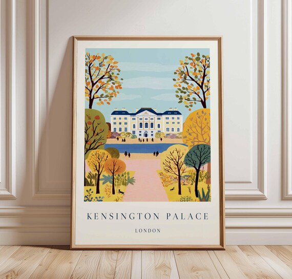 Kensington Palace London Autumn Park Lake Scene Vintage Art Poster
