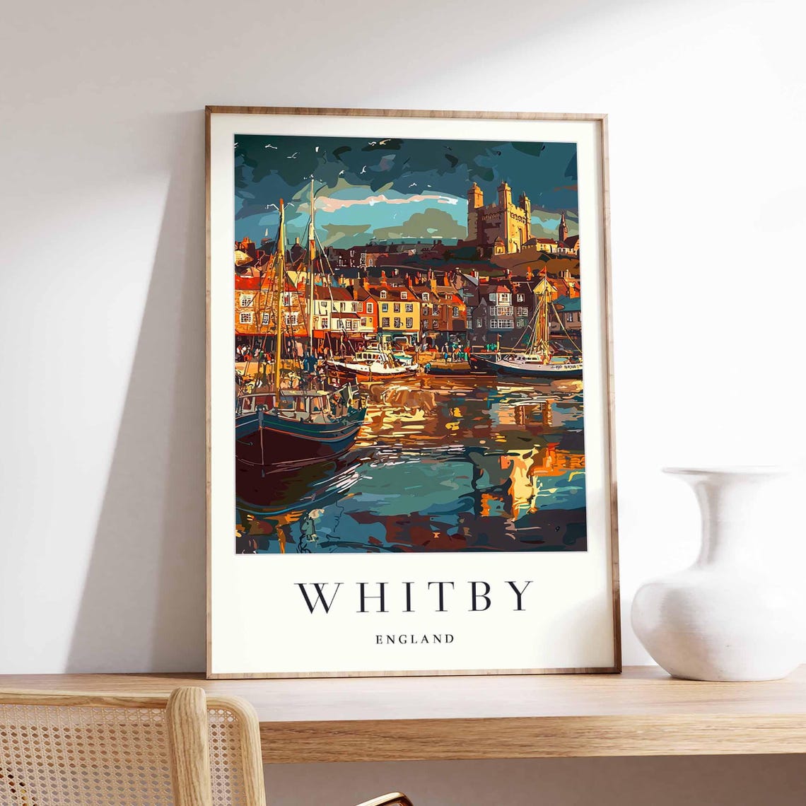 Whitby England Harbor Boats Abbey Fishing Town Travel Art Poster