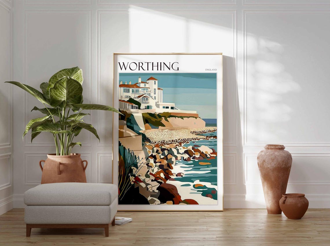 Worthing Poster Sussex Poster Uk Travel Poster Coastal Wall Art Uk Home Decor Worthing Travel Print Sussex Travel Print Worthing Art - Image 2