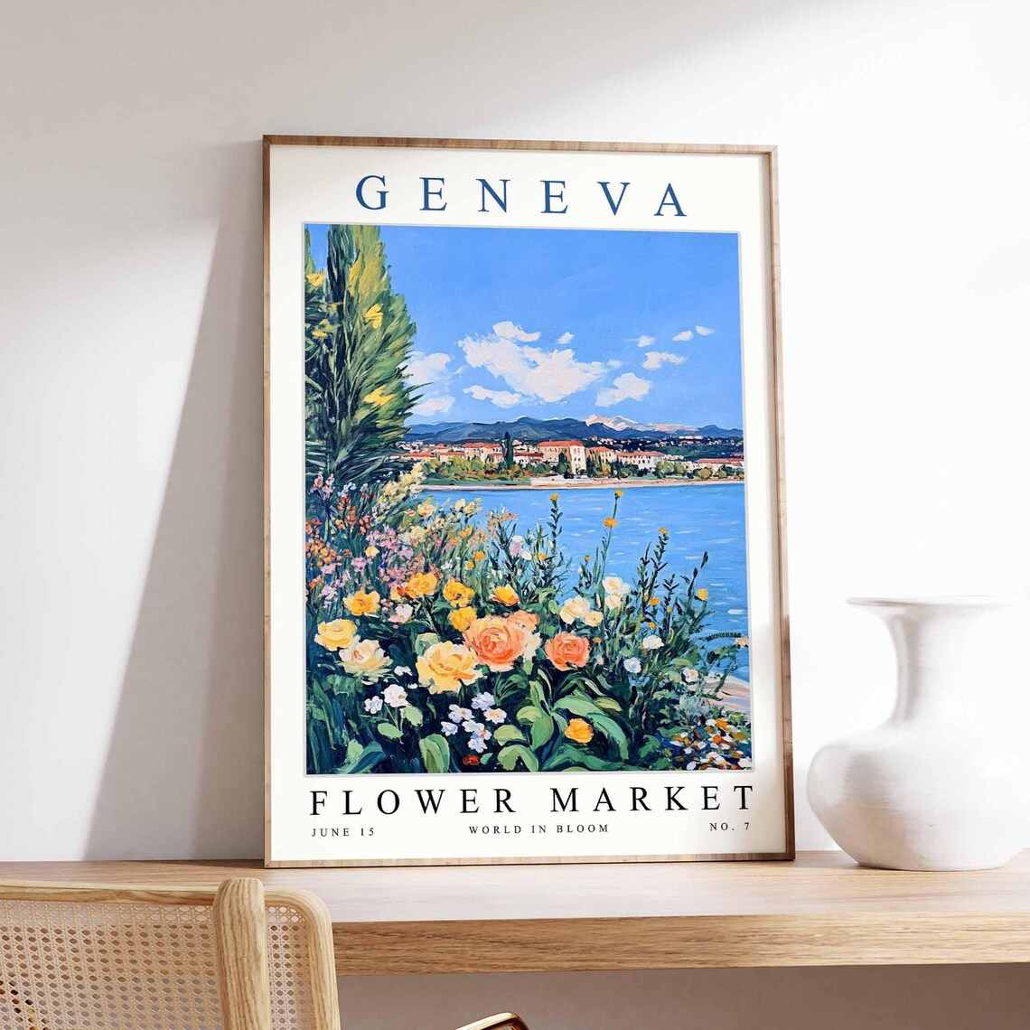 Geneva Flower Market Rose Garden Cypress Tree Lake View Poster