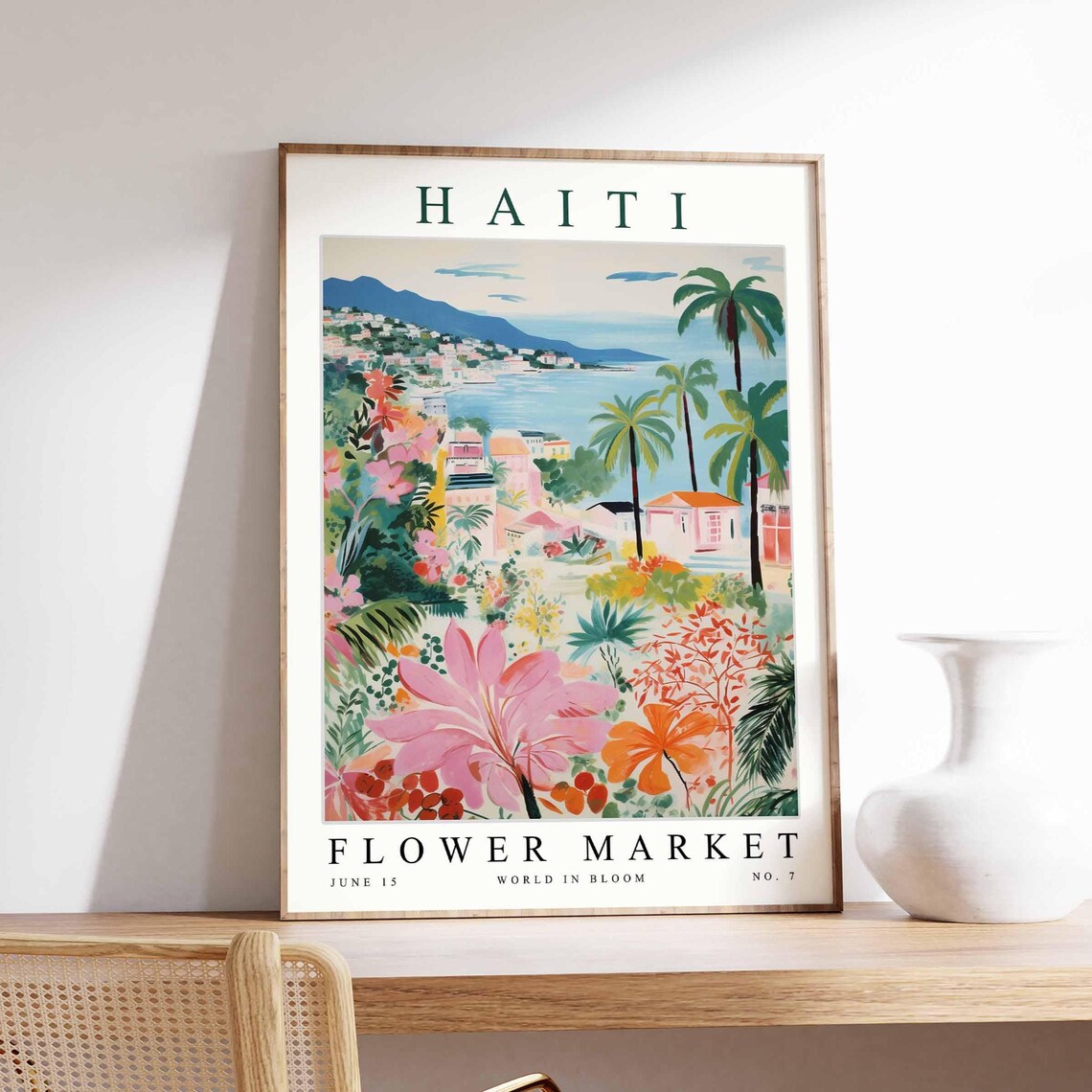 Haiti Flower Market Caribbean Seaside Town Palm Trees Floral Poster