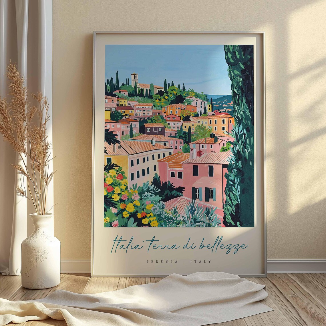 Perugia Italy Colorful Flowering Hillside Town Travel Poster - Image 2