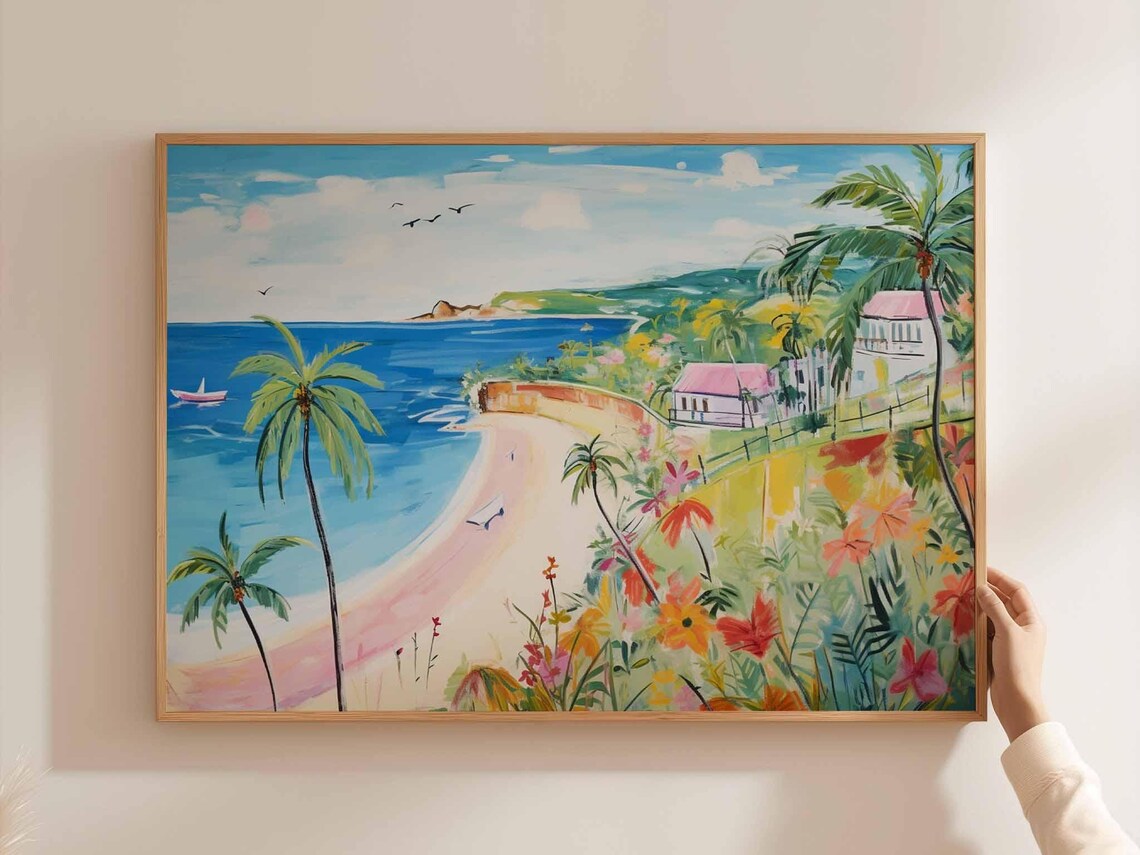 Caribbean Tropical Beach Palms Watercolor Coastal Art Poster