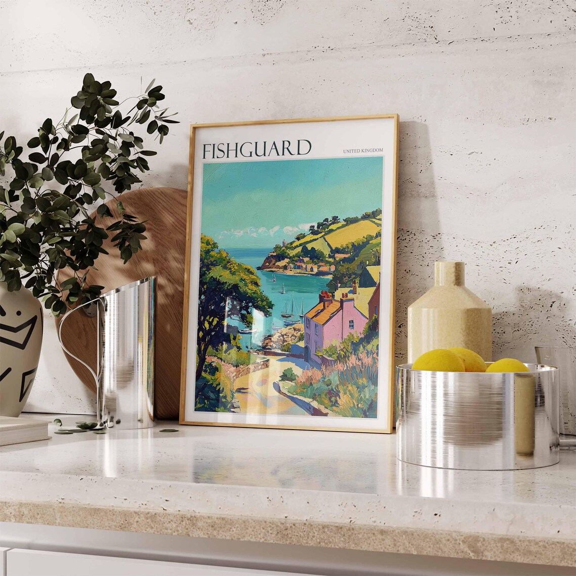 Fishguard Wooded Cove Sailboats Pink Cottage Welsh Coastal Travel Poster - Image 2