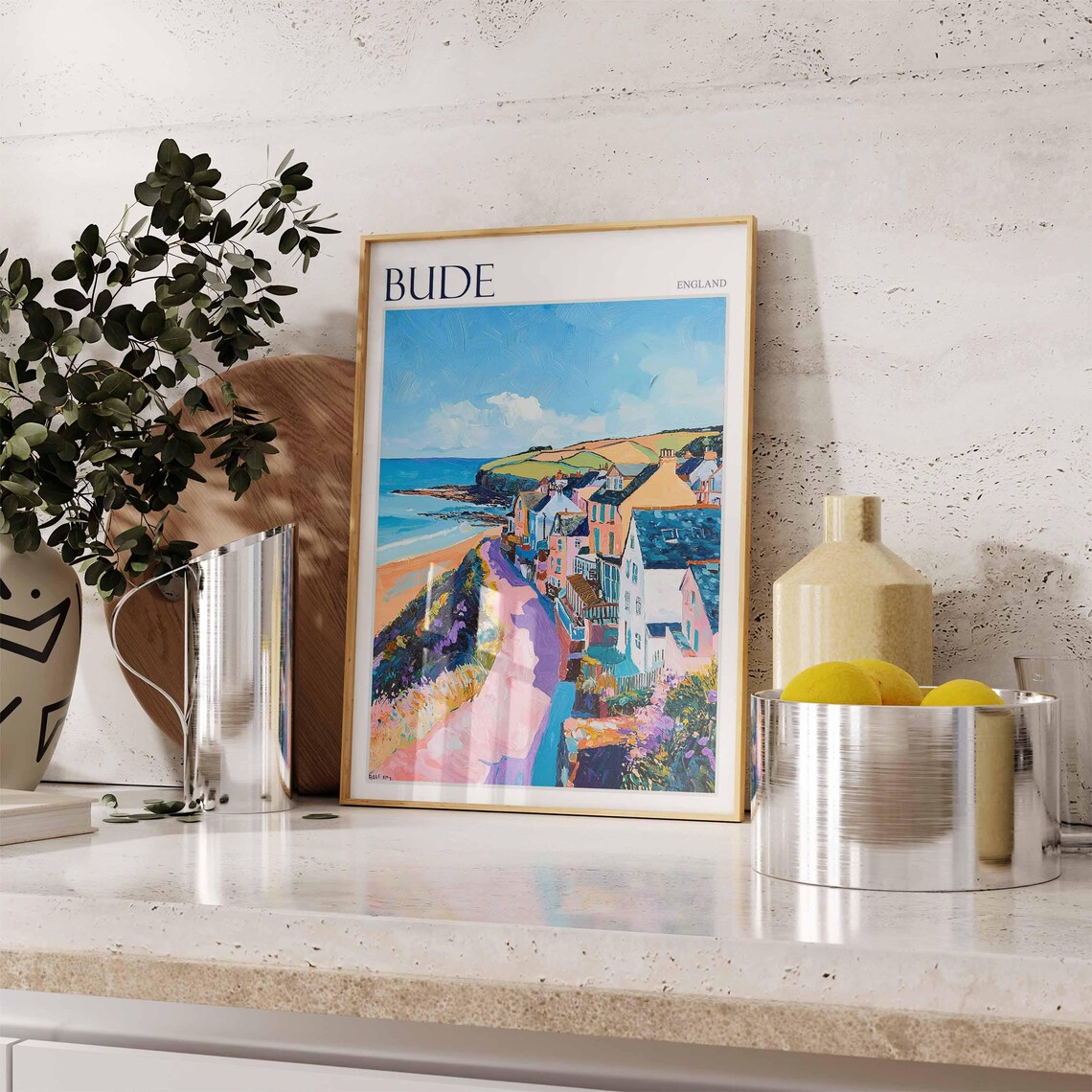 Bude England Colorful Seaside Town Pink Cliff Path Art Poster - Image 3