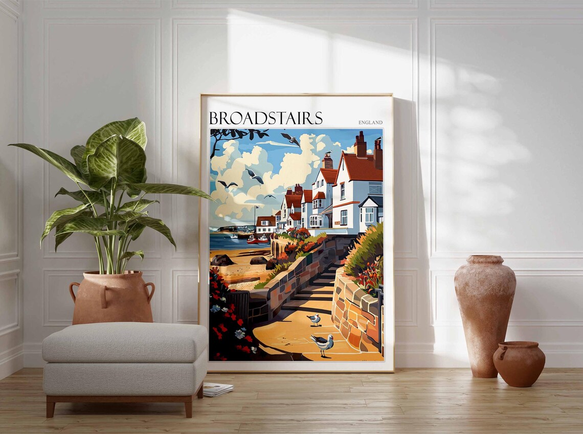 Broadstairs Kent Stone Steps to the Beach Seagulls Illustration Poster - Image 3