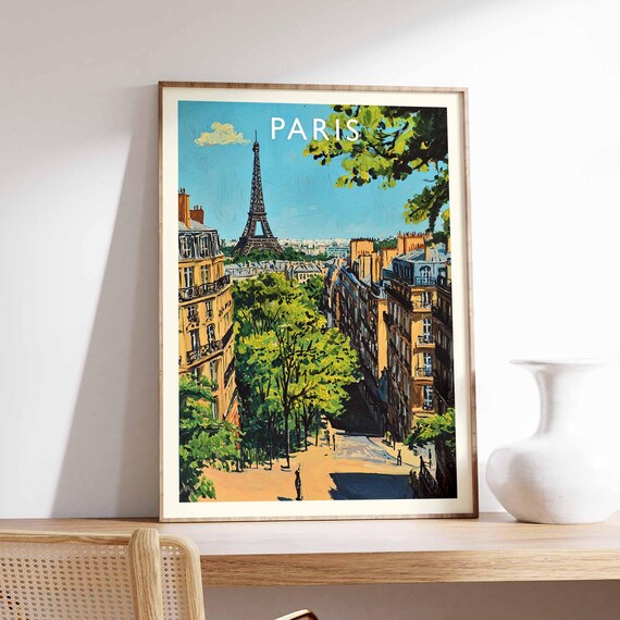 Paris France Eiffel Tower Over Tree Lined Square Travel Poster