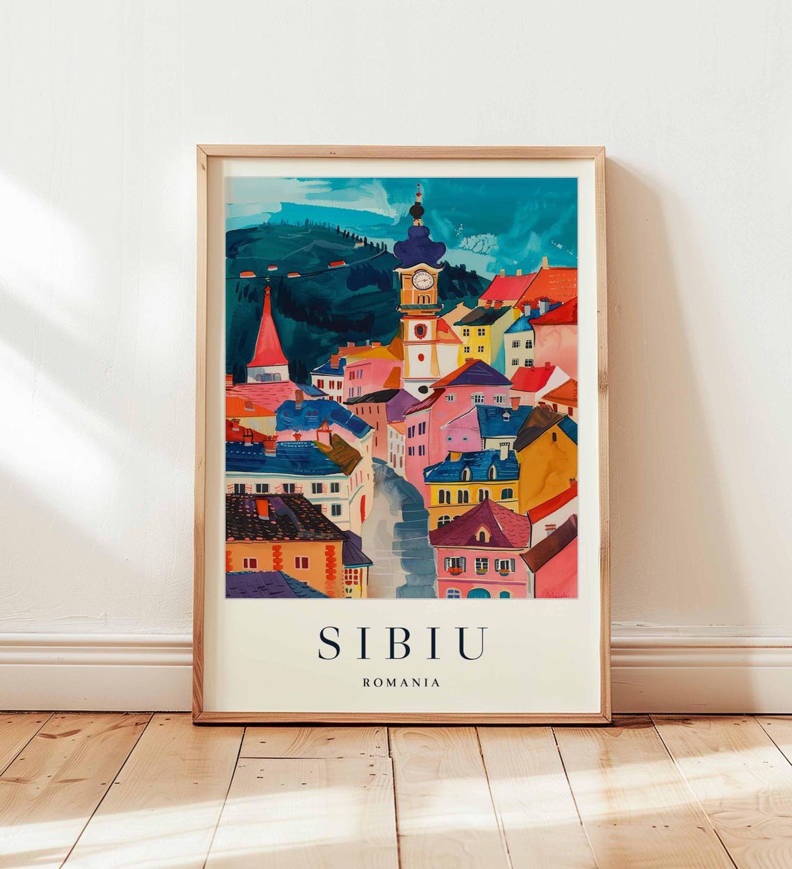 Sibiu Romania Watercolor Old Town Clock Tower Hillside Poster