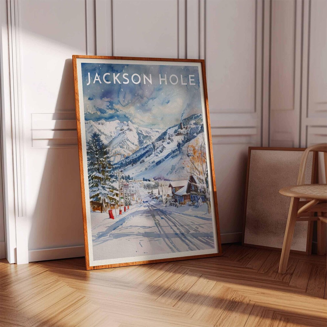 Jackson Hole Snowy Village Street Poster in Blue Watercolor Style - Image 2