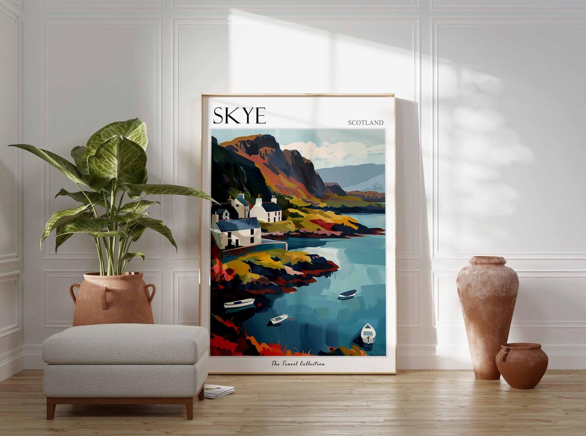 Skye Scotland Harbour Village Autumn Cliffs Boats Coastal View Poster - Image 2