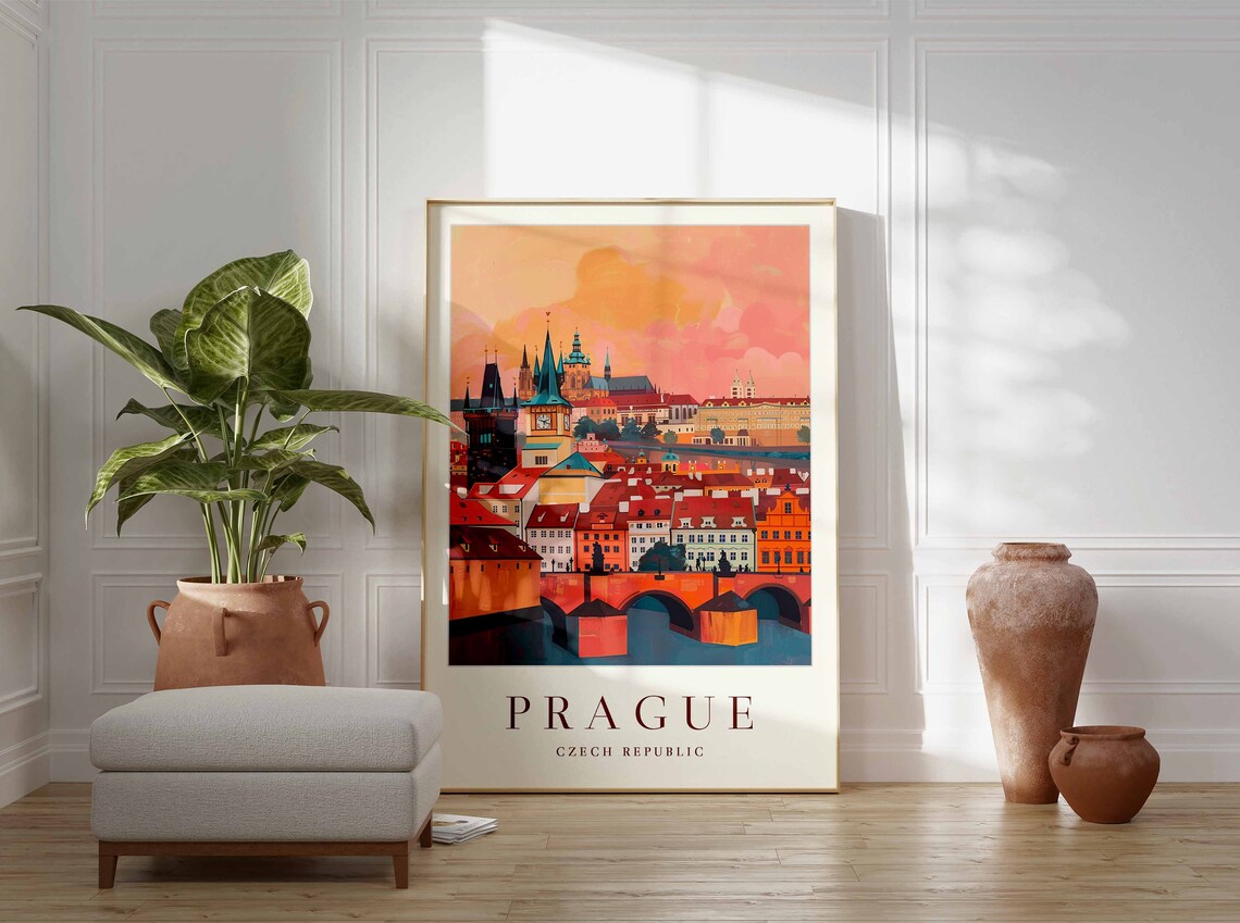 Vintage Prague Czech Republic Illustrated Sunset Travel Poster - Image 3