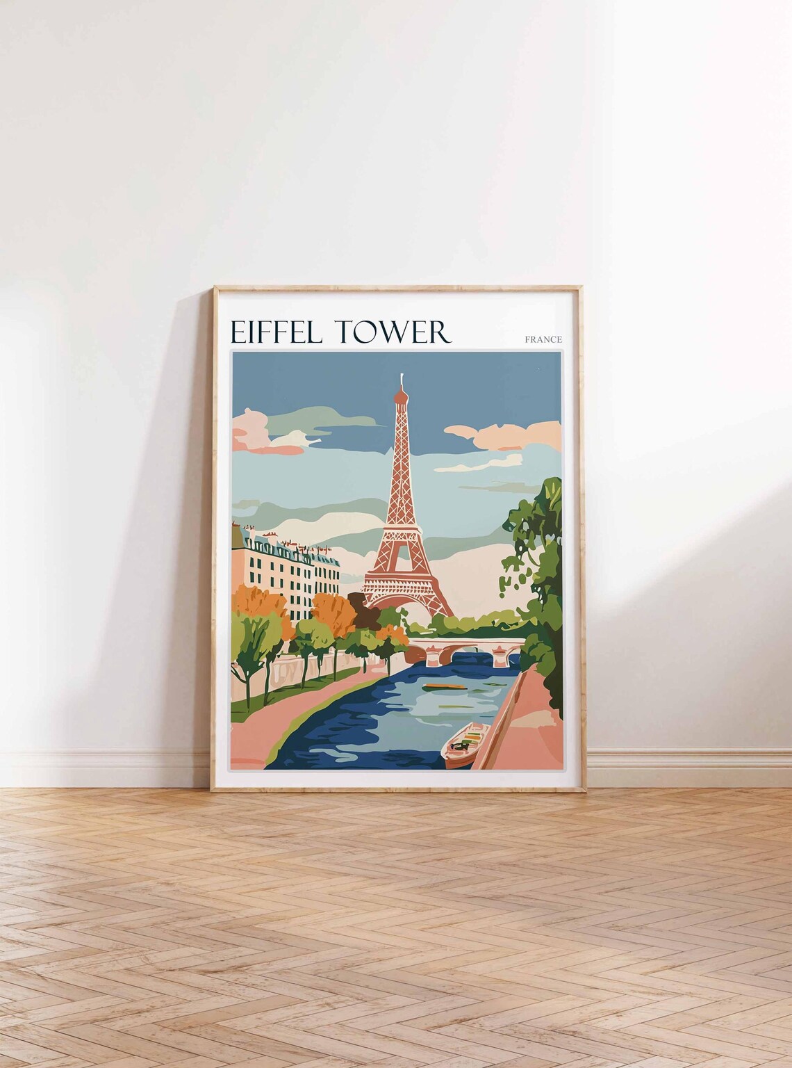Eiffel Tower France Travel Poster Seine River Pastel Painting View - Image 3