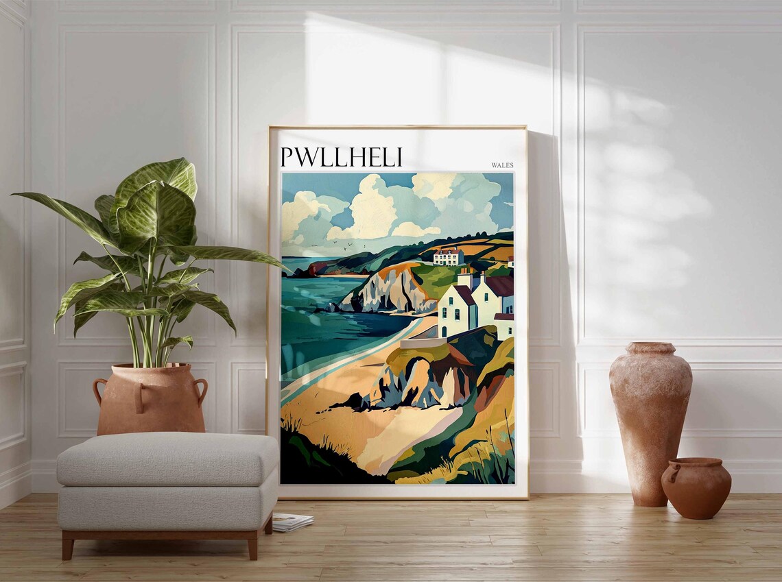 Pwllheli Wales Coastal Cliffs Beach Cottages Vintage Travel Poster - Image 3