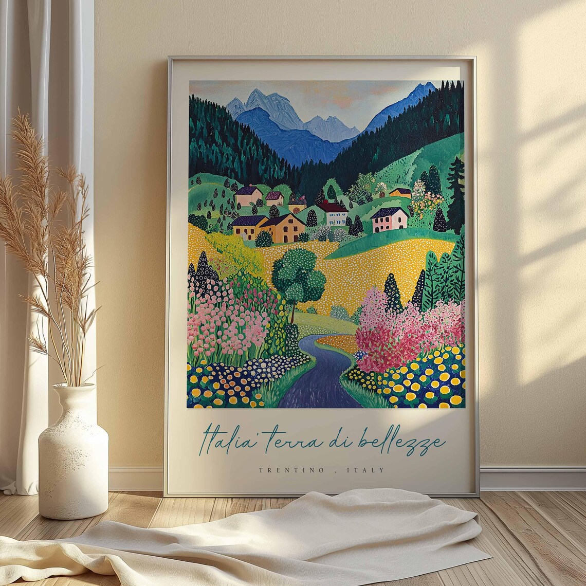 Trentino Italy Pointillist Valley Painting River Wildflowers Poster - Image 2