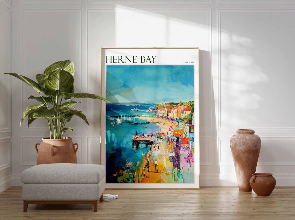 Herne Bay England Busy Pier Crowds Town Sailboats Colour Poster - Image 3