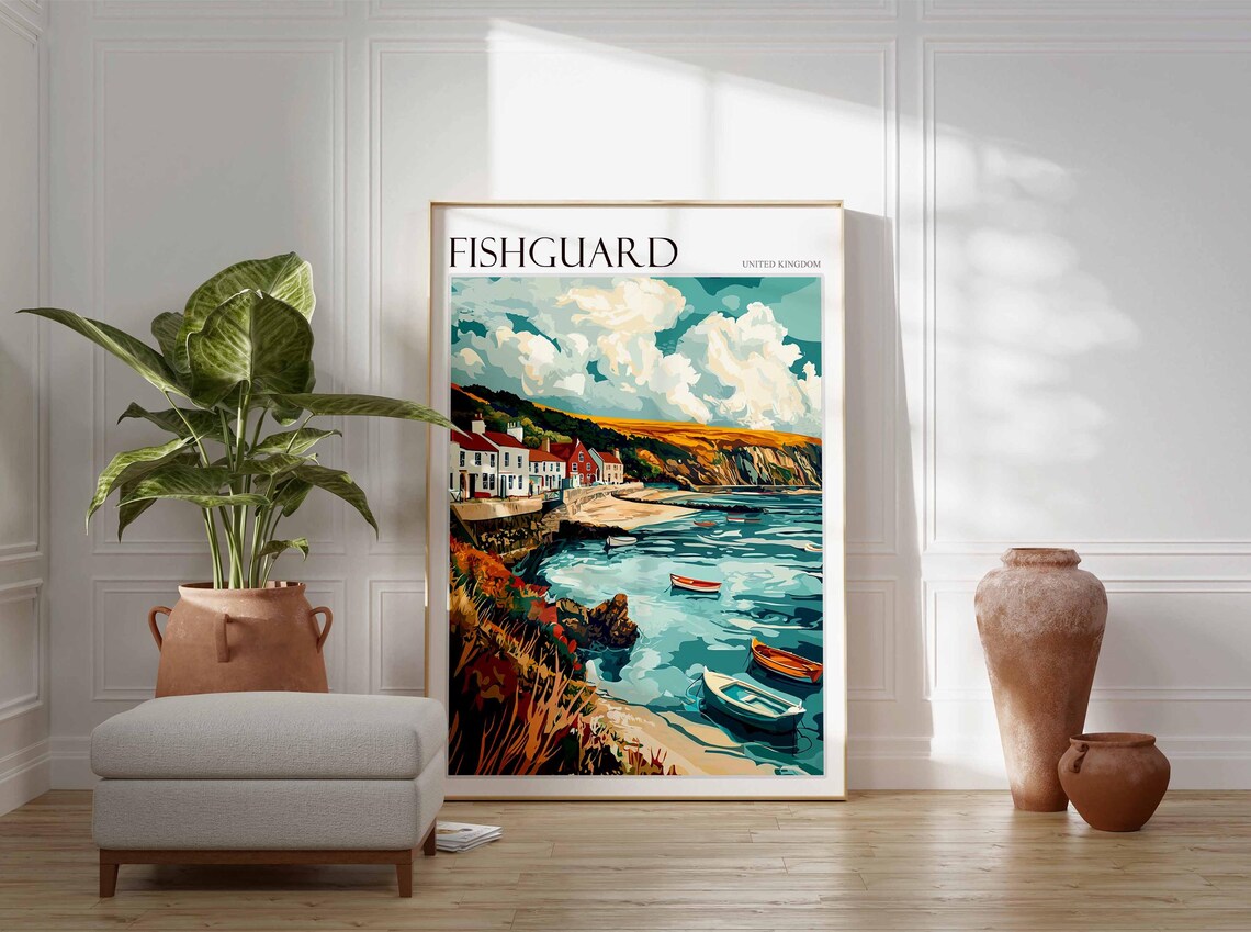 Fishguard Rocky Cove Rowboats Golden Cliffs White Cottages Travel Poster - Image 3