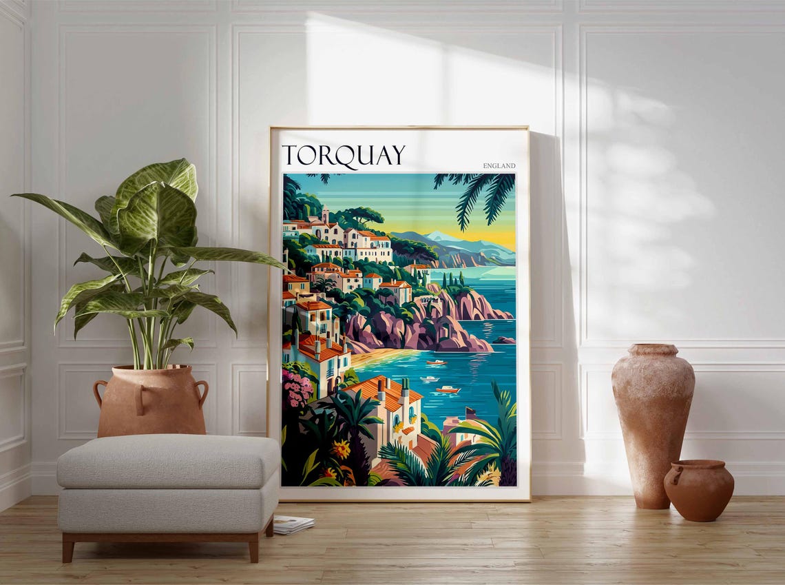 Torquay Hillside Town Rocky Cliffs Boats Bright England Travel Poster - Image 2