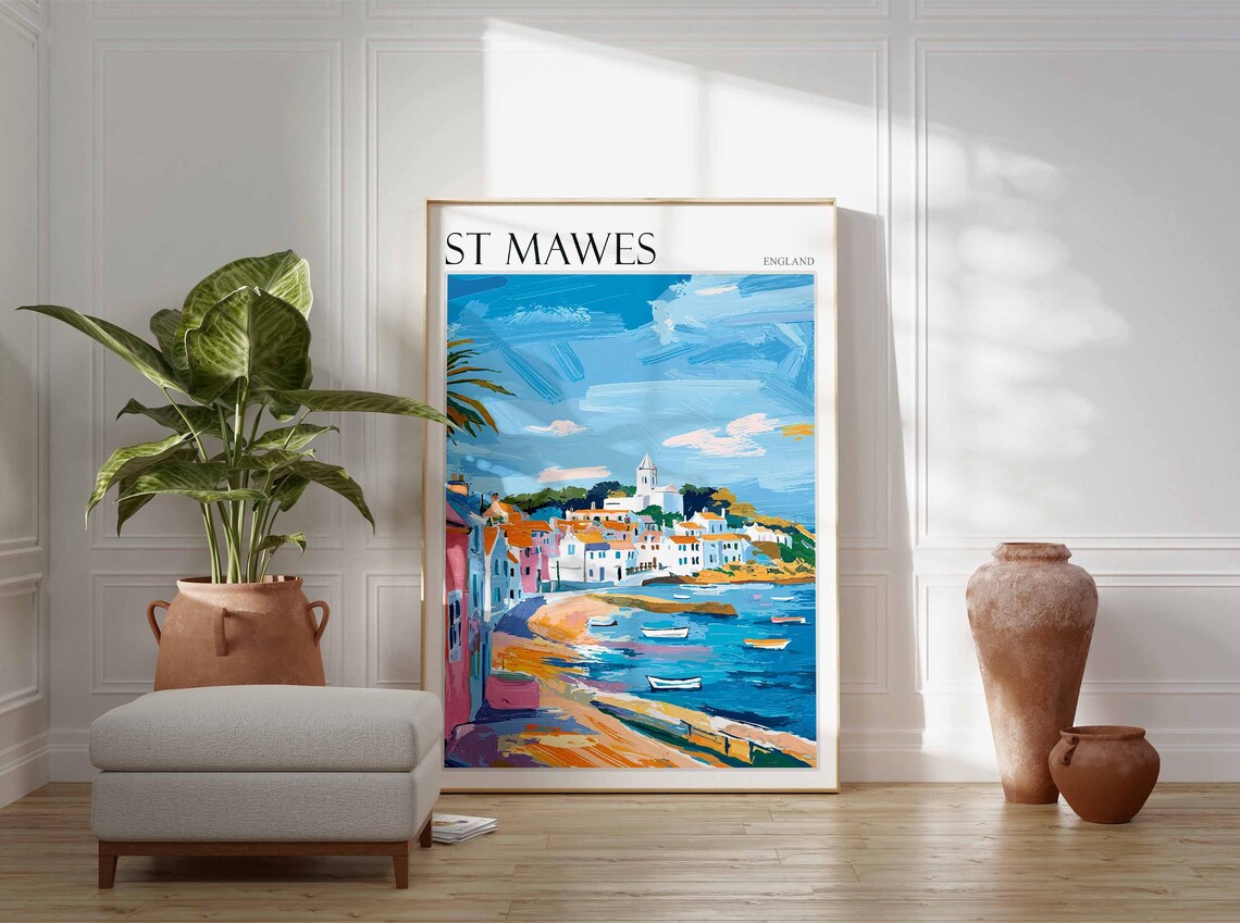St Mawes England Sunny Seaside Town with Church and White Sailboats Poster - Image 2