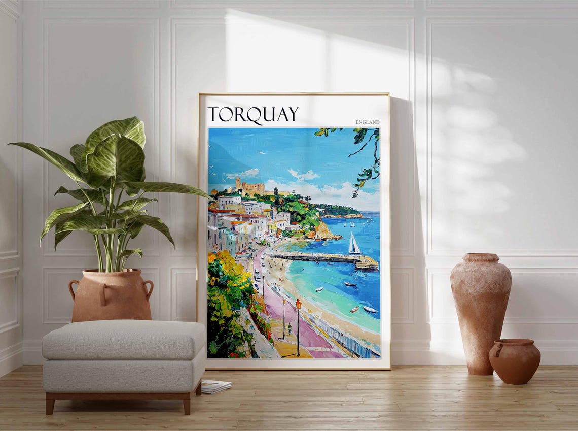 Torquay Hilltop Town Pier Sailboats Painterly Seaside England Poster - Image 2
