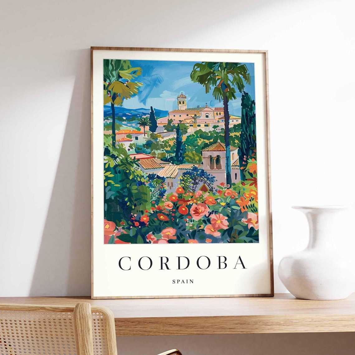 Cordoba Spain Vintage Flower Courtyard Garden Church Travel Poster