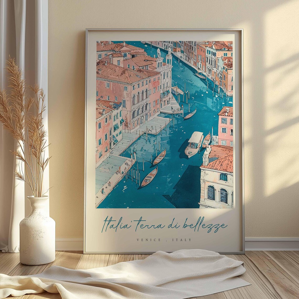 Venice Italy Grand Canal Boats Aerial View Floral Illustration Poster - Image 2