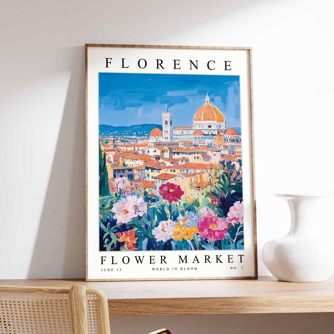 Florence Flower Market Bright Blue Sky Pink Blossom City Poster
