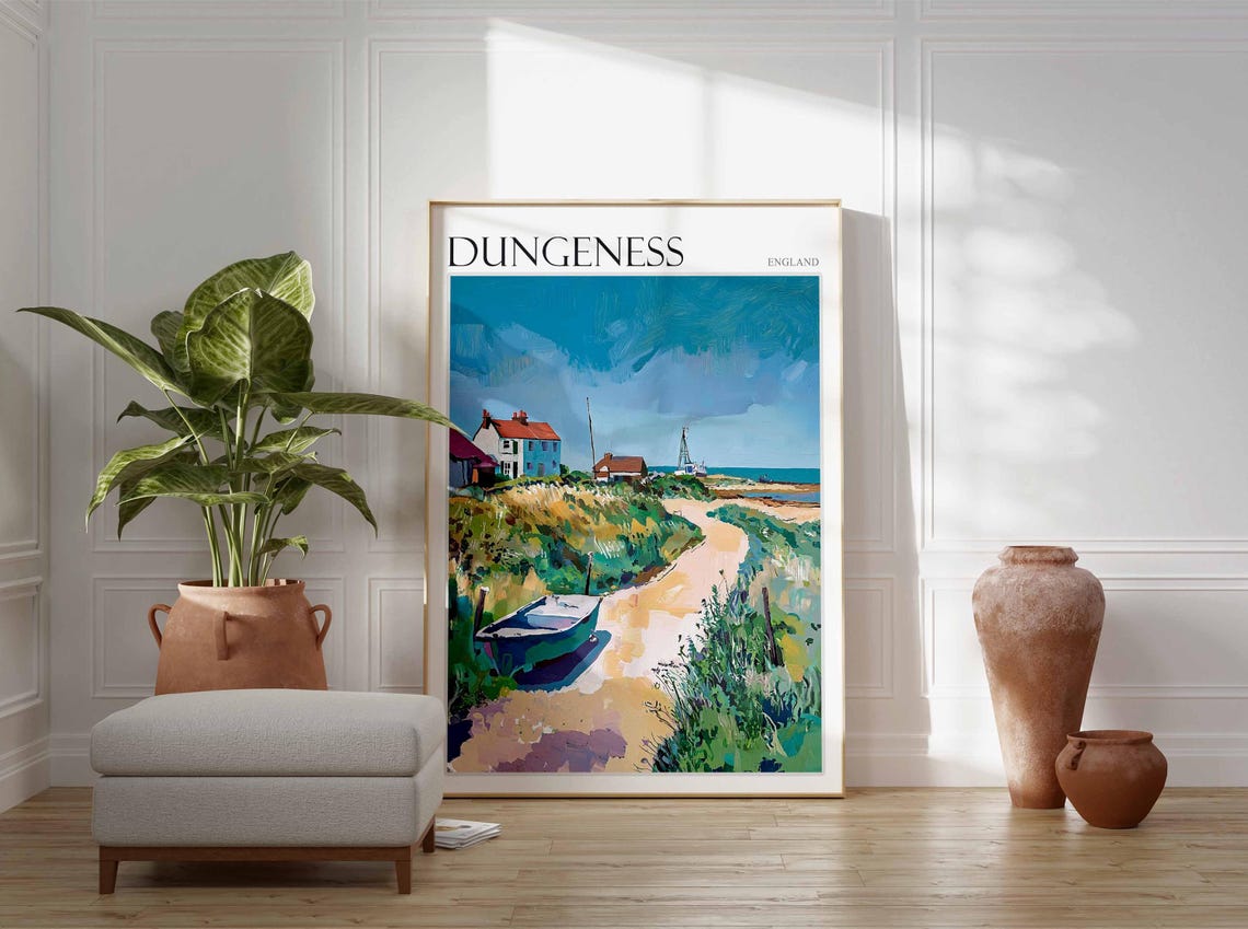 Dungeness England Sandy Path to Cottages and Beached Boat Poster - Image 3