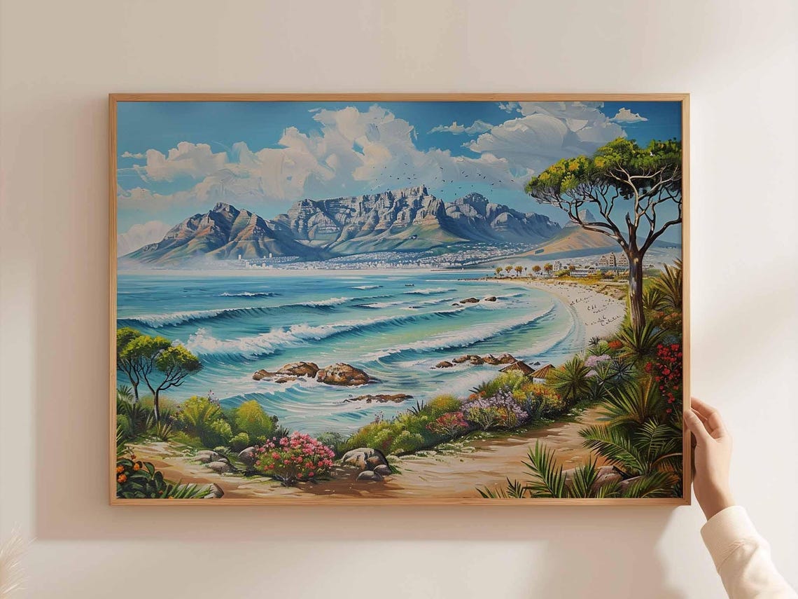 Cape Town Curved Surf Beach Lush Garden Mountain Waves Art Poster