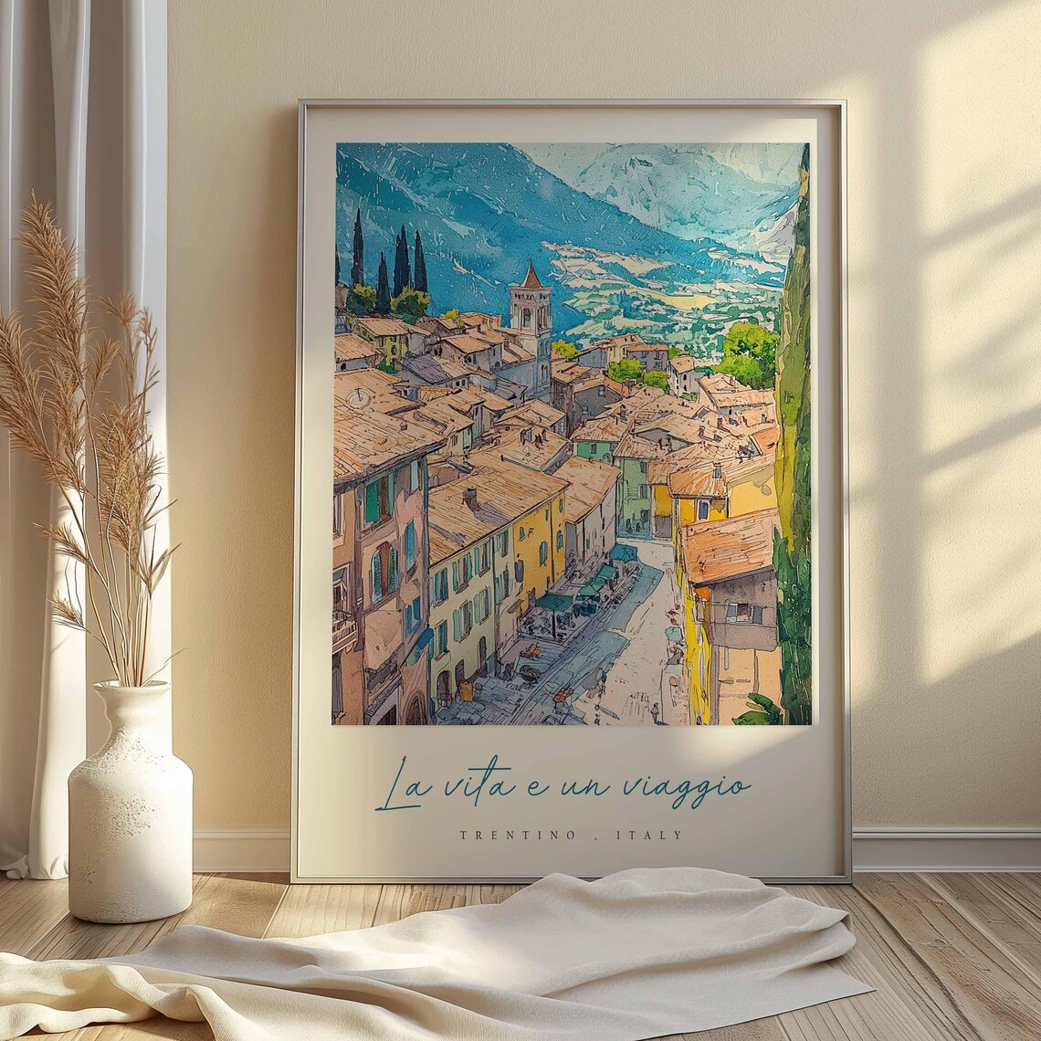 Trentino Italy Village Street Watercolor Church Tower Mountains Poster - Image 2