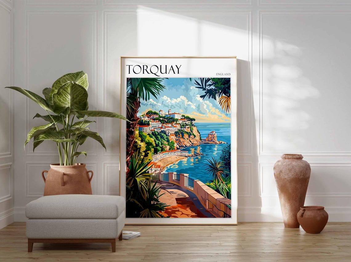 Torquay Palm Framed Bay Town Hill Tropical England Travel Art Poster - Image 2