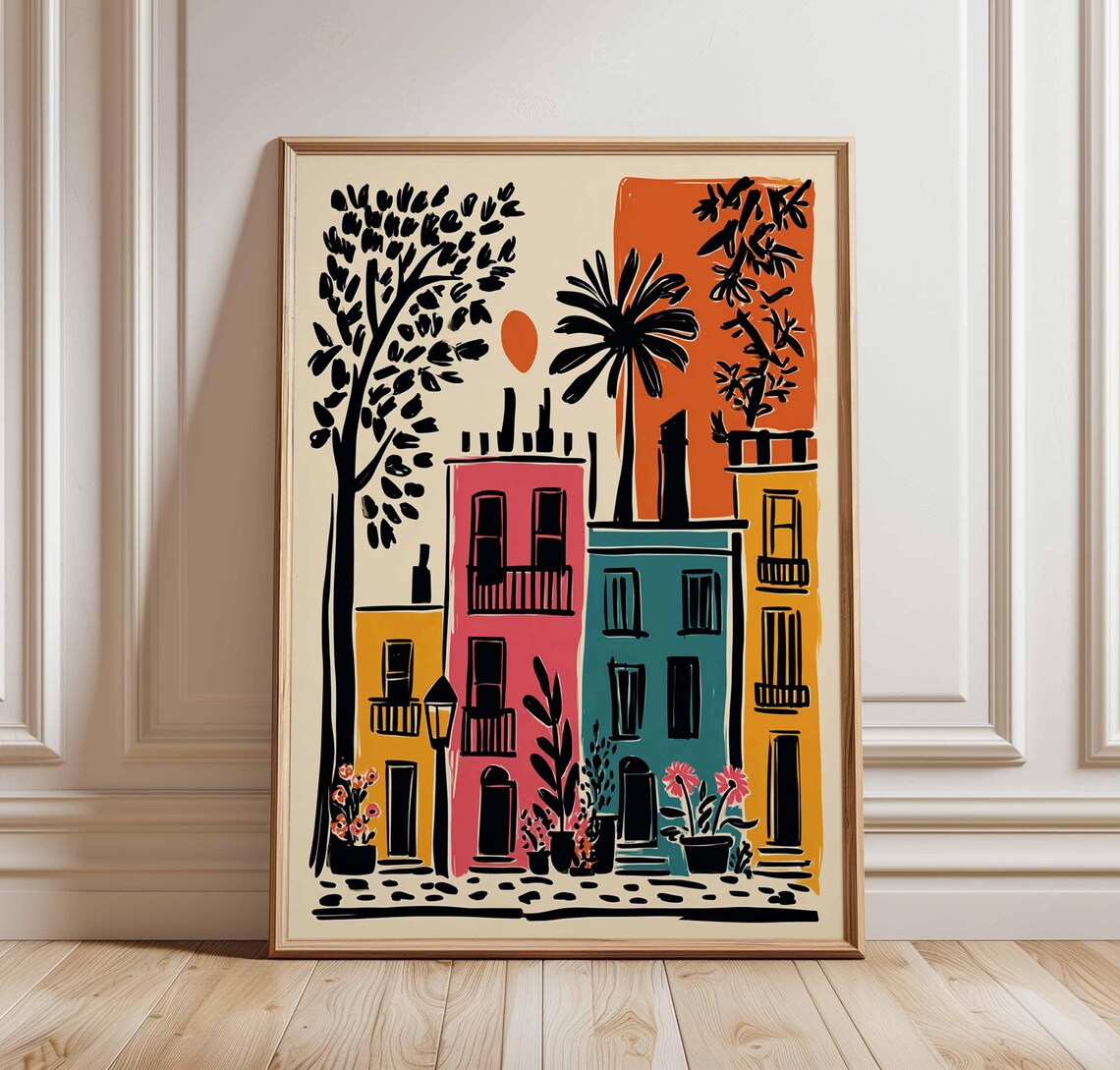 Colorful Sunny Street Palm Sunset Travel Style Illustrated Poster