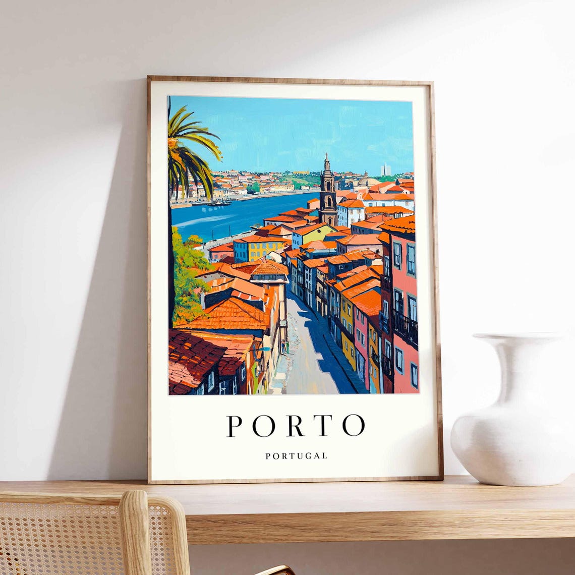 Porto Palm Lined Street Descending to the Douro River Poster