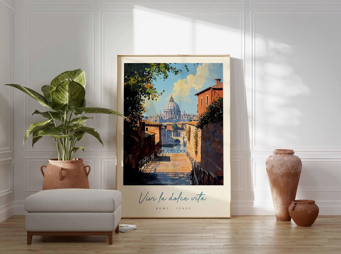 Rome Italy St Peters Dome Alley View Tiber Bridge Oil Art Poster - Image 3