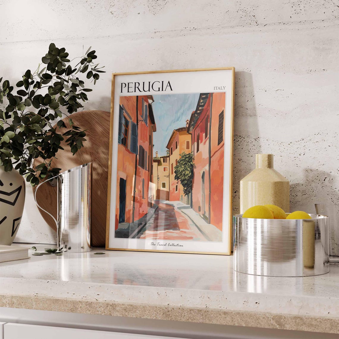 Perugia Italy Narrow Old Street Warm Buildings Painted Poster - Image 3