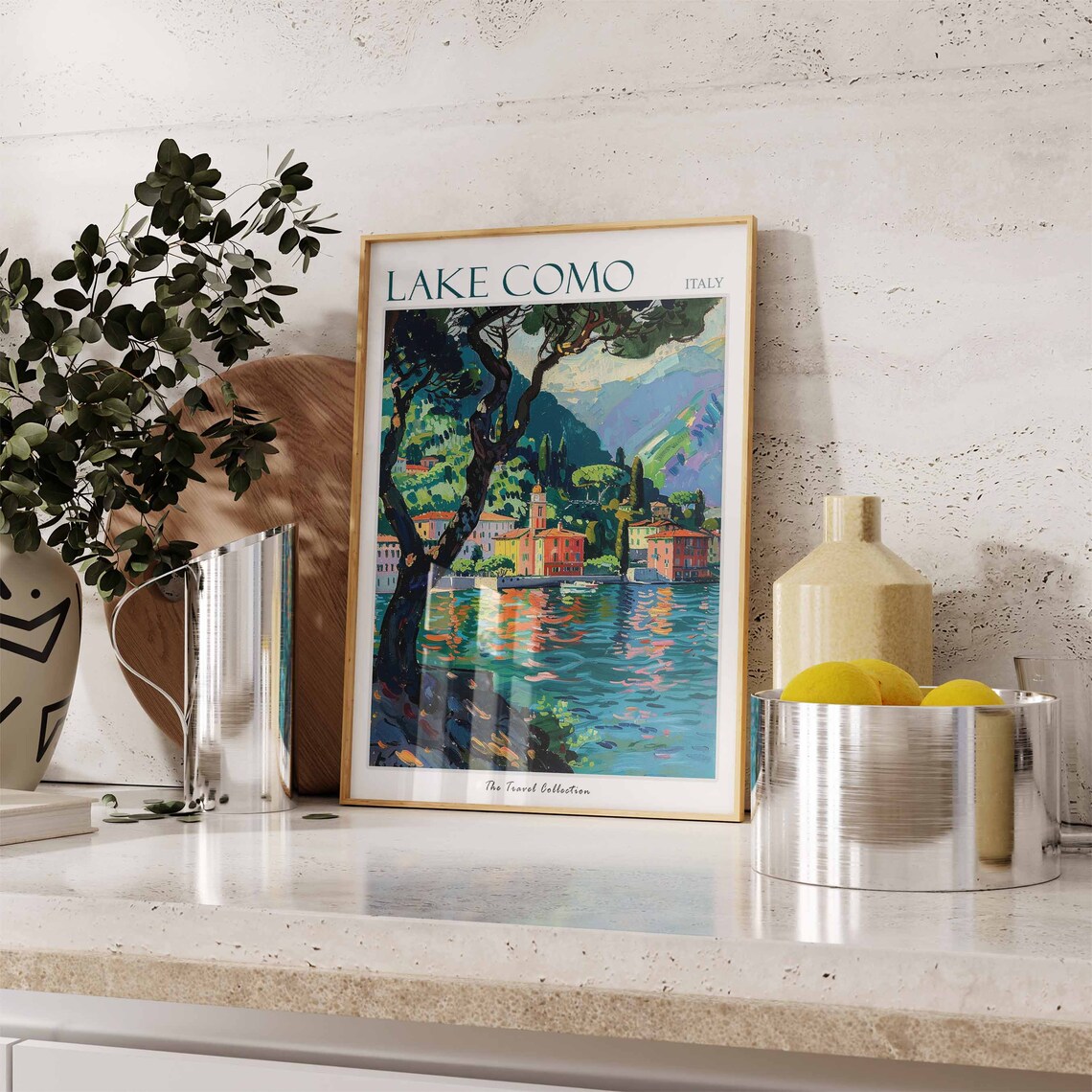 Lake Como Italy Travel Poster Lakeshore Village And Sparkling Water - Image 2