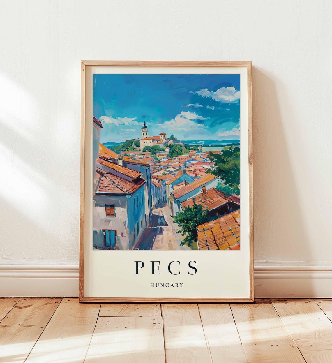 Pecs Hungary Hilltop Cathedral Red Rooftops Panorama Travel Poster
