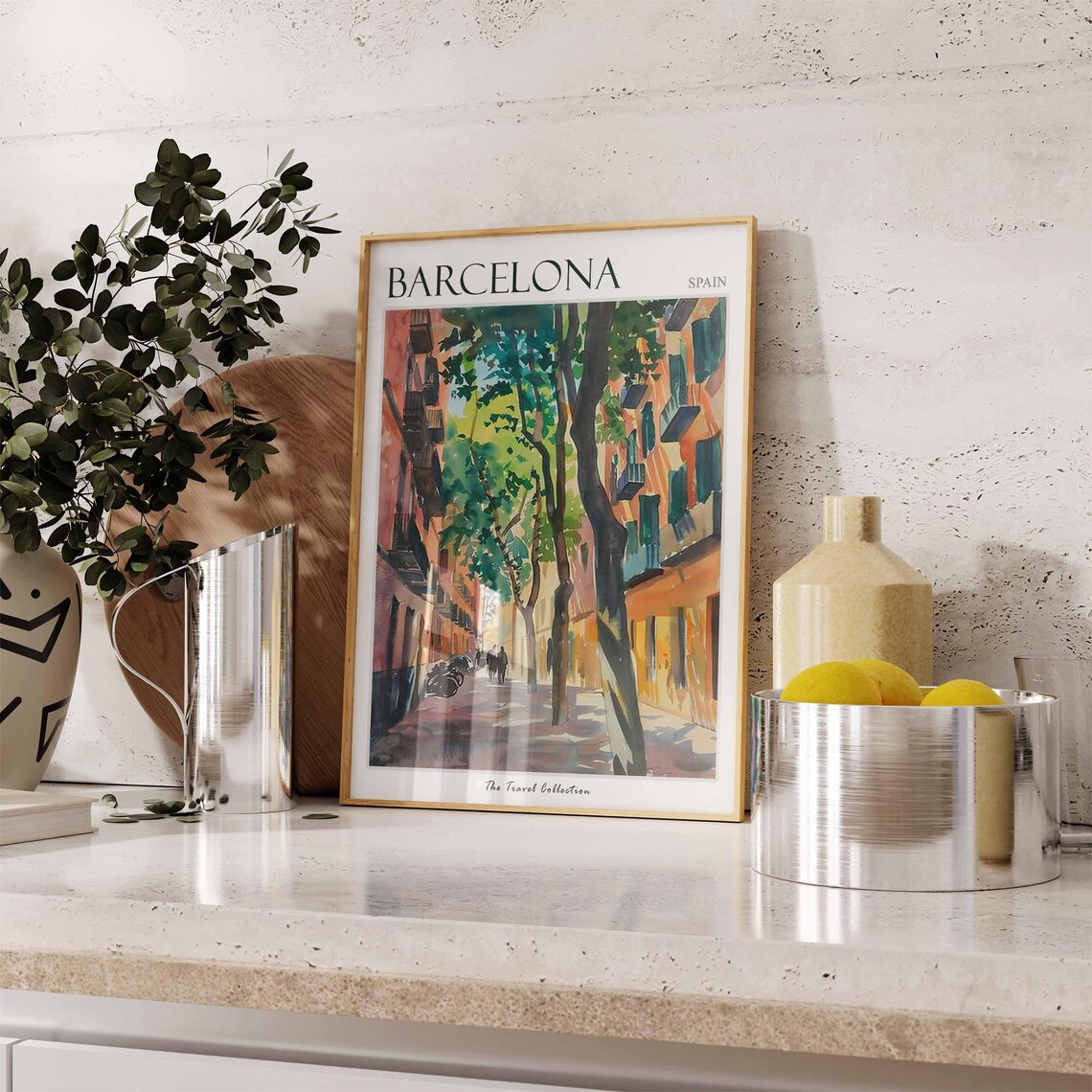 Barcelona Spain Tree Lined Street Watercolor Painted Travel Poster - Image 3