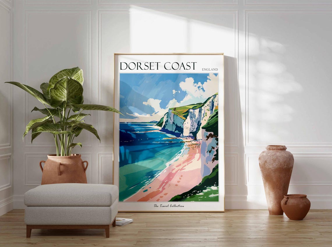 Dorset Coast England White Cliffs Travel Poster Pink Beach Sea Art - Image 2