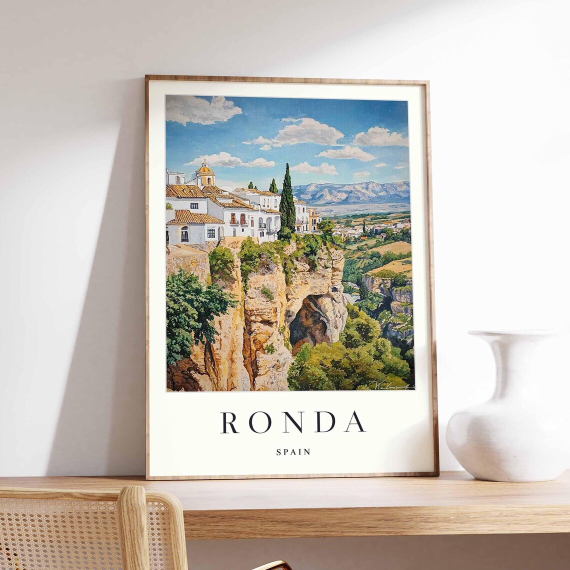 Ronda Spain Poster With Rocky Cliff Cave Arch And Church Tower